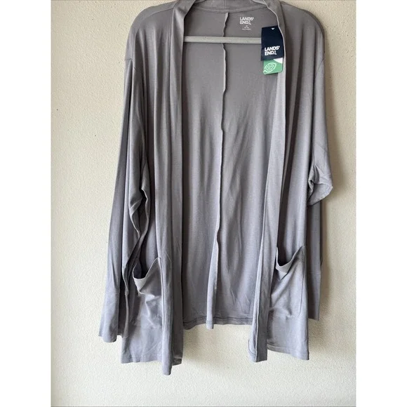 Lands End Open Front Cardigan  Coverup Cotton 3X Gray Long Sleeve Nautical New - Picture 4 of 12
